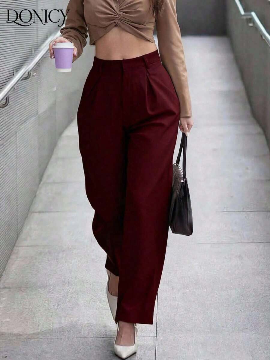 Pantalones rectos plisados de cintura alta, de unicolor, para mujer, suaves y cómodos, versátiles, elegantes y casuales urbanos, adecuados para uso diario casual, citas, fiestas, San Valentín, carnaval y oficina - Burdeos - Ver 1