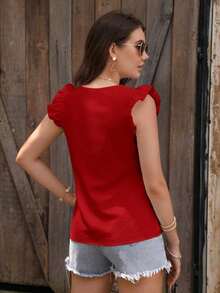 Clasi Blusa de manga abullonada de unicolor casual para vacaciones de verano - Rojo - Ver 2