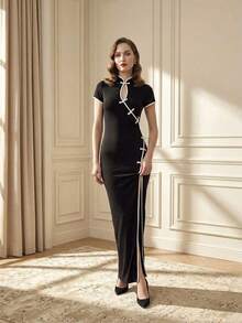 YHHFranclia Vestido abotonado de mujer de estilo chino para el Año Nuevo, vestido elegante de estilo chino nuevo, vestido largo con ribete de contrasteYHH - Negro - Ver 7
