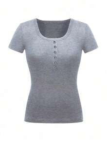 de manga corta y ajuste slim para mujer, de unicolor con media tapeta abotonada para el verano - Gris - Ver 4