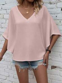 Camisa de manga de murciélago de unicolor casual, verano - Rosa Pálido 2 - Ver 4