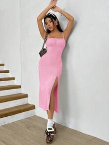 Vestido midi de leopardo con abertura lateral y tirantes - Rosa - Ver 3