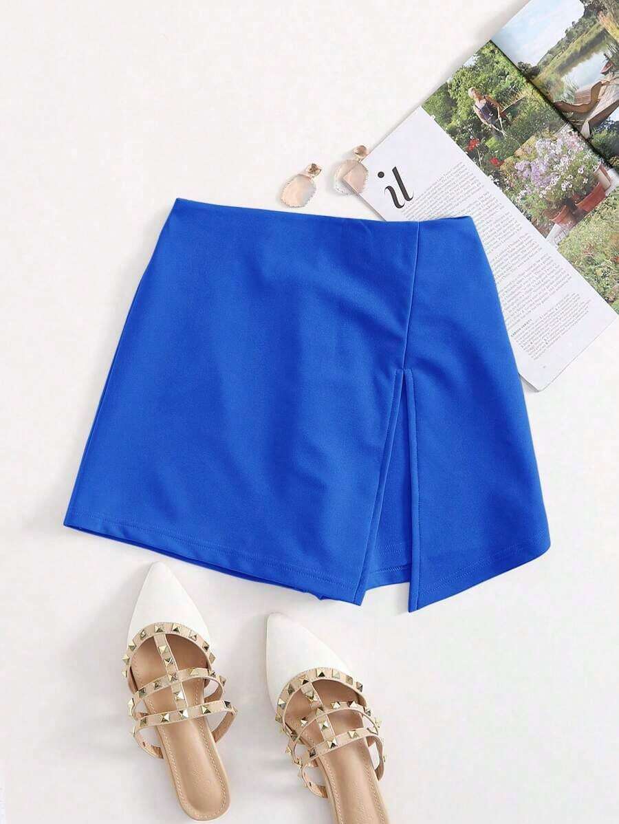 Falda corta con cintura elástica y abertura frontal - azul real - Ver 1