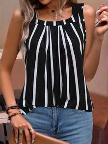 Camiseta sin mangas de mujer con bloques de color y rayas, estilo casual para vacaciones - Blanco y Negro - Ver 3