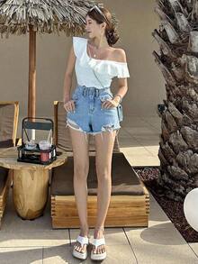 Camiseta de mujer con cuello asimétrico, volantes, calado y bordado, para verano, top corto para mujer de vacaciones - Blanco - Ver 4