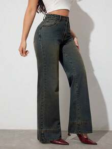 Tall Jeans de tiro alto, de pierna ancha y holgados, con bolsillos, versátiles, para uso casual en verano y primavera, elegantes para bodas y el Día de San Valentín - Azul - Ver 4