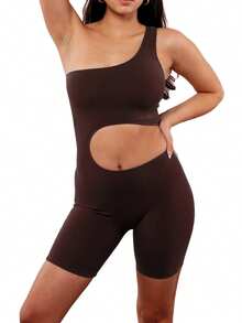 Women Romper, Sleeveless Off Shoulder Cutout Solid Color Wrapped Spring Summer Short Jumpsuit - Brown - View 2