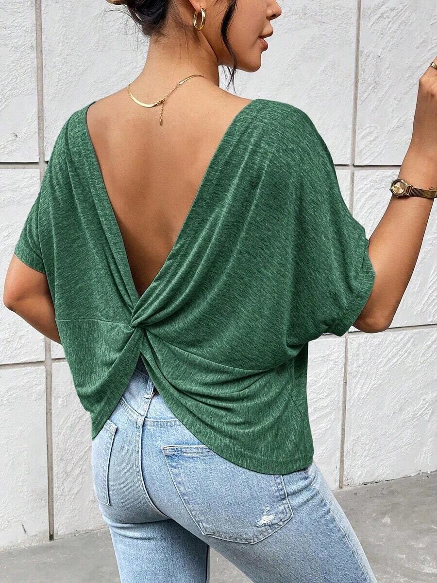 Camiseta gris de verano casual para mujer con escote trasero y nudo trenzado - Verde - Ver 1