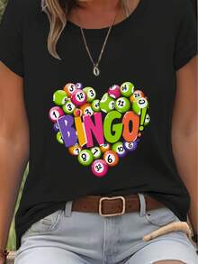 Women's Premium Summer T-Shirt With Bingo Love Print - Casual Short Sleeve Summer T-Shirt, Standard Fit, Colorful Bingo Game Design (Machine Washable) Suitable For Casual Outfits And Bingo Nights - Women's Tricolor Comfort1 Clothing - 黑色 - 查看 12