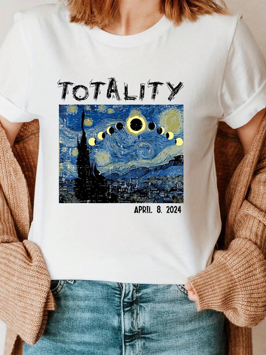 Camiseta de Mujer con Estampado de Cielo Estrellado y Eclipse Solar 2024, Camiseta de Moda con Estampado de Letras, Manga Corta, Cuello Redondo, Top Casual de Primavera Verano, Ropa de Mujer, Tops para Mujer - Blanco - Ver 1