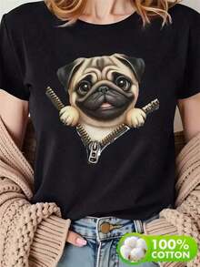 Women's Printed Beach T-Shirt, Short Sleeve, Round Neck, Casual, Comfortable, Cool, Light, Modern, Youthful, Regular Fit, With A Pug Dog Print, Suitable For Dog Lovers, With A  Face Design. - 黑色 - 查看 6