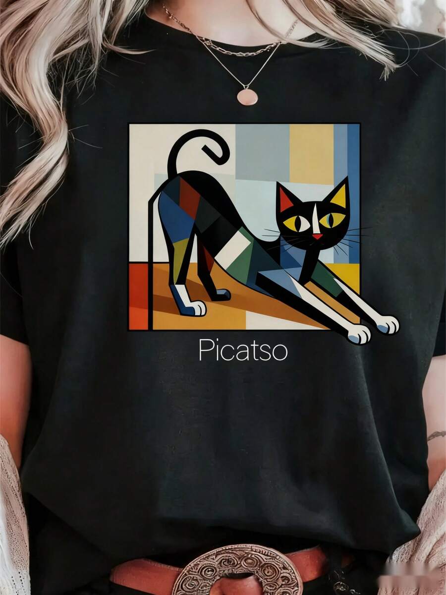 | Exquisite Design | Loose And Comfortable | Easy To Match | 1 Piece Of Women's Winter Clothing, Colorful Geometric Cat Print, Round Neck, Short Sleeves, Fashionable Casual Top, Elegant Party Wear, Everyday Wear, Christmas, For Cat Lovers, Holiday Outfit, Autumn Clothing, Christmas Gift. - 黑色 - 查看 1