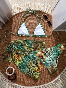 Conjunto de 3 piezas de traje de baño de bikini de unicolor y estilo sexy de halter para mujeres, conjunto de traje de baño, para vacaciones de verano en la playa - Verde 2 - Ver 2