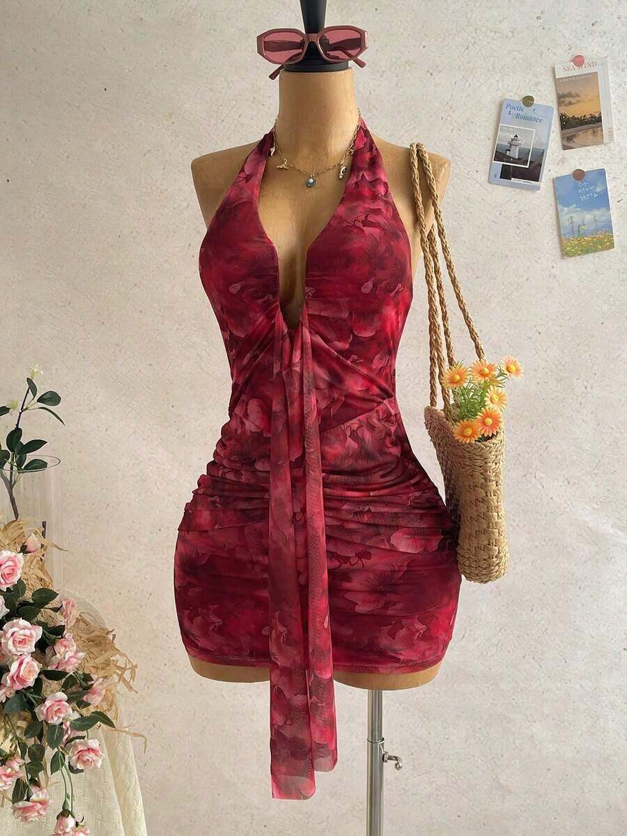 Vestido mini con estampado floral, diseño de lazo y escote halter, para vacaciones - Azul menta - Ver 1