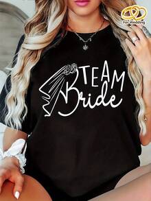 Women's Graphic Tee - Black, Casual Round Neck, Short Sleeve, With White Lettering, Soft Fabric, Ideal For All Seasons, Decoration For Bachelorette Parties. - 黑色 - 查看 1