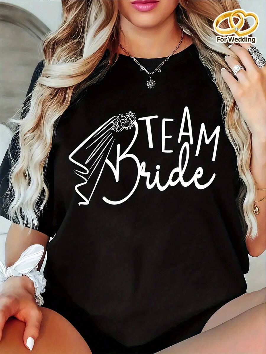 Women's Graphic Tee - Black, Casual Round Neck, Short Sleeve, With White Lettering, Soft Fabric, Ideal For All Seasons, Decoration For Bachelorette Parties. - 黑色 - 查看 1