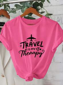 1 Women's Short Sleeve Summer T-Shirt - 2D Geometric Airplane Design With "Travel Is My Therapy" Print. Modern Urban Style. | Youthful Design | Comfortable Fit, Beautiful Clothing. A Very Distinctive Printed T-Shirt / Unisex Style / Suitable For Both Men And Women / Wrinkle-Resistant / Breathable - 黑色 - 查看 9