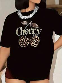 Camiseta Casual de Mujer con Estampado Y2K y Diseño de Cerezas - Top de Manga Corta y Cuello Redondo, Lavable a Máquina, Tallas S-XXL, Ropa Urbana Cómoda, Blusa Moderna, Arte Audaz, Ajuste Confortable, Moda Streetwear Mujer camiseta divertida con estampado de cerezas, ajuste holgado, cuello redondo, manga corta, primavera-verano, ideal para uso diario y salidas, categoría de moda. - Negro - Ver 6