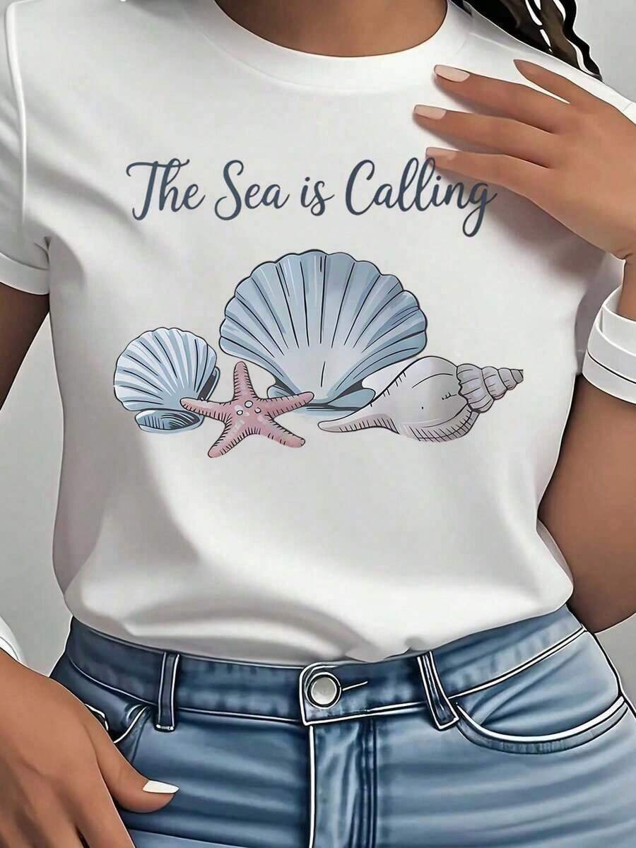 Women's "The Sea Calls" T-Shirt With Seashell And Starfish Print, Round Neck, For Summer, Beach, Vacation, Casual, Comfortable Fabric, Perfect As A Gift - 220g - 白色 - 查看 1