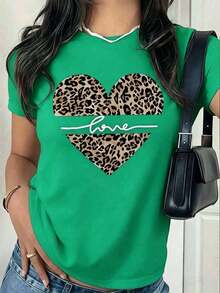 Premium Women's White T-Shirt With Leopard Heart, Love Quote And Animal Print T-Shirt, Boho And Modern Style Blouse, Casual Top For Women's Gift Or Everyday Wear, - 綠色 - 查看 7
