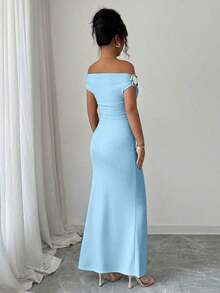 Women's Fitted Party Dress With Off-The-Shoulder Design And Elegant Metallic Details - Brown - View 10