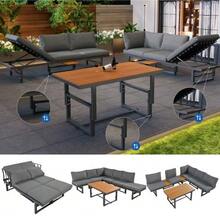 Garden Furniture Set, Grey, 3-Piece Set With 2 Sofas, Table, Powder-Coated Iron Frame, Adjustable Backrest, Acacia Wood, Adjustable Table, Including All Seat Cushions And Pillows - 灰色 - 查看 1