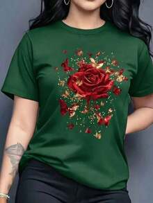 Envío gratis, entrega local enéxico, entrega en 4 días. Camiseta gráfica para mujer, manga corta, cuello redondo, básica, cómoda, fresca, ligera, corte regular, moderna, juvenil, estampada con rosas, flores, purpurina 3D, mariposas, insectos. - Verde - Ver 5