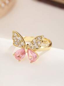 Nhẫn hình trái tim và bướm màu hồng mạ vàng 18K dễ thương, đính đá Cubic Zirconia, nhẫn hở có thể điều chỉnh kích thước, trang sức ngọt ngào và lãng mạn dành cho nữ. - Nhiều màu - Xem 4
