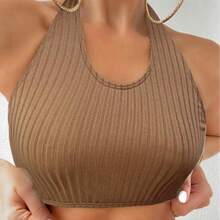 Top de bikini sin tirantes de color sólido con cuello halter y lazos, traje de baño de playa sin espalda. - marrón - Ver 2