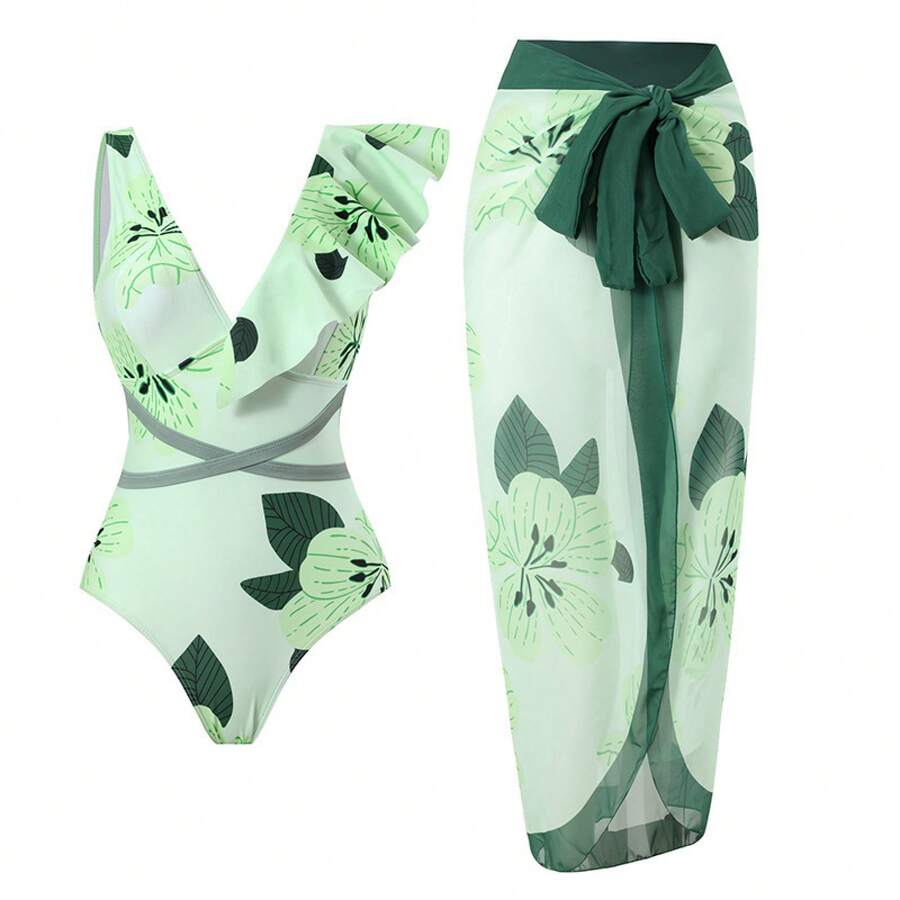 Nuevo traje de baño de dos piezas para vacaciones, bikini, bikini sexy de playa, traje de baño de una pieza conservador para mujer. - Conjunto Y3 verde claro - Ver 1