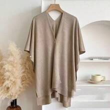 1pc Minimalist Solid Color Button Knit Shawl, Women Fashion Cover Up Cover Up Lightweight Outerwear, Versatile For Daily Wear And Travel - Multicolor - View 2