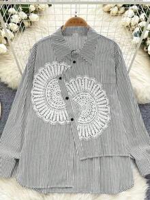 Camisa a rayas casual y versátil para uso diario de mujer - Blanco y Negro - Ver 1