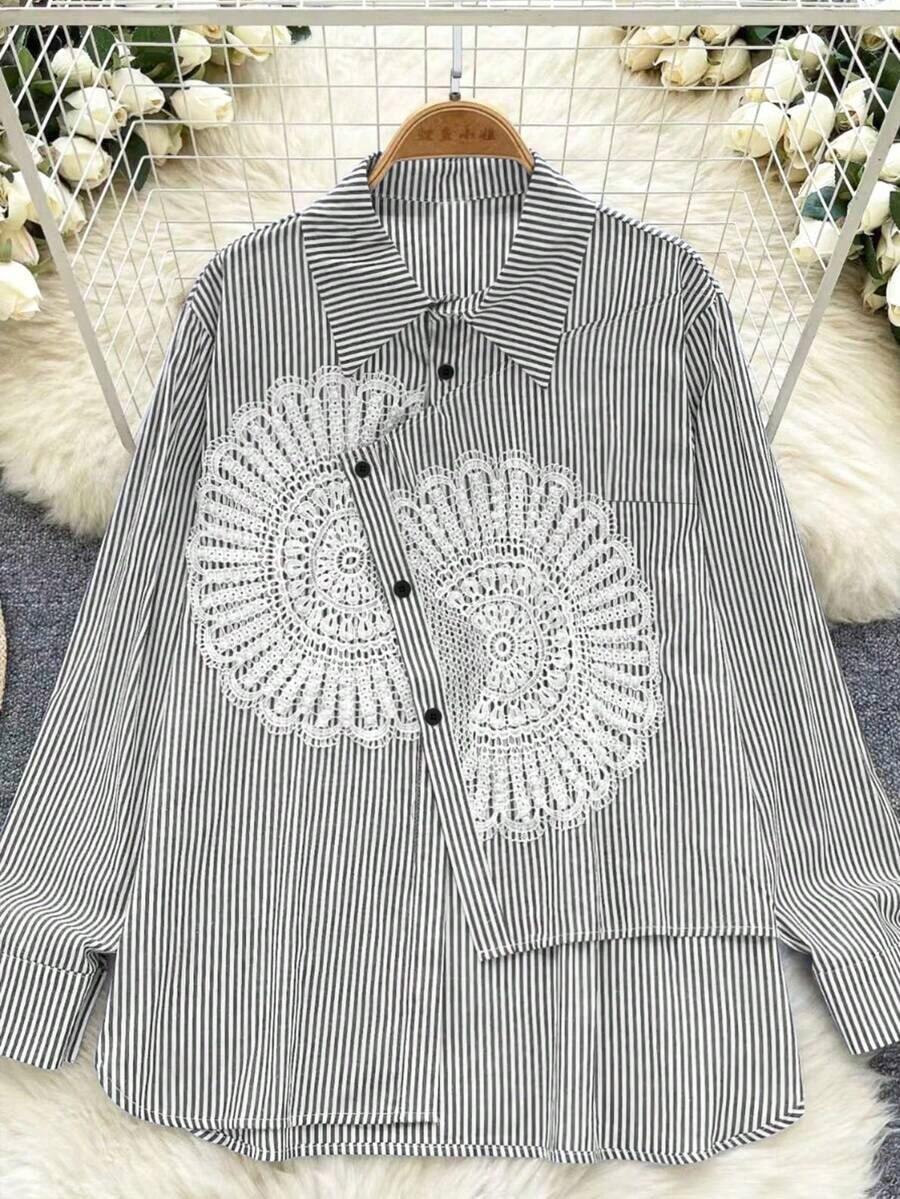 Camisa a rayas casual y versátil para uso diario de mujer - Blanco y Negro - Ver 1