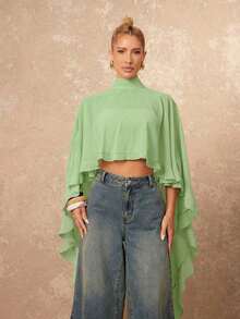 Nueva llegada Blusa elegante de mujer de alta gama con cuello suelto, bajo asimétrico con volantes, parte delantera corta y parte trasera larga - Verde - Ver 4