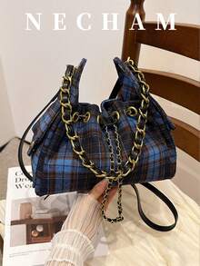 1pc Korean Ins Style Patterned Drawstring Crossbody Bag, Versatile Underarm Bag For Daily Wear - Blue - View 7