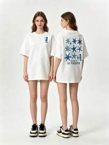 Minimalist. 100% Cotton. 1 Piece. Women's Casual Starfish And Letter Print T-Shirt, Crew Neck, Short Sleeve, Summer Tops, Summer Clothing, Shirts, Spring Outfits For Women, Summer Graphic T-Shirts, Women's T-Shirts. Spring/Summer Top. - 白色 - 查看 2