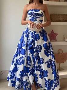 Vestido de fiesta bandeau cintura alta plisado diseño voluminoso estilo francés elegante para mujer nueva temporada - Azul - Ver 12