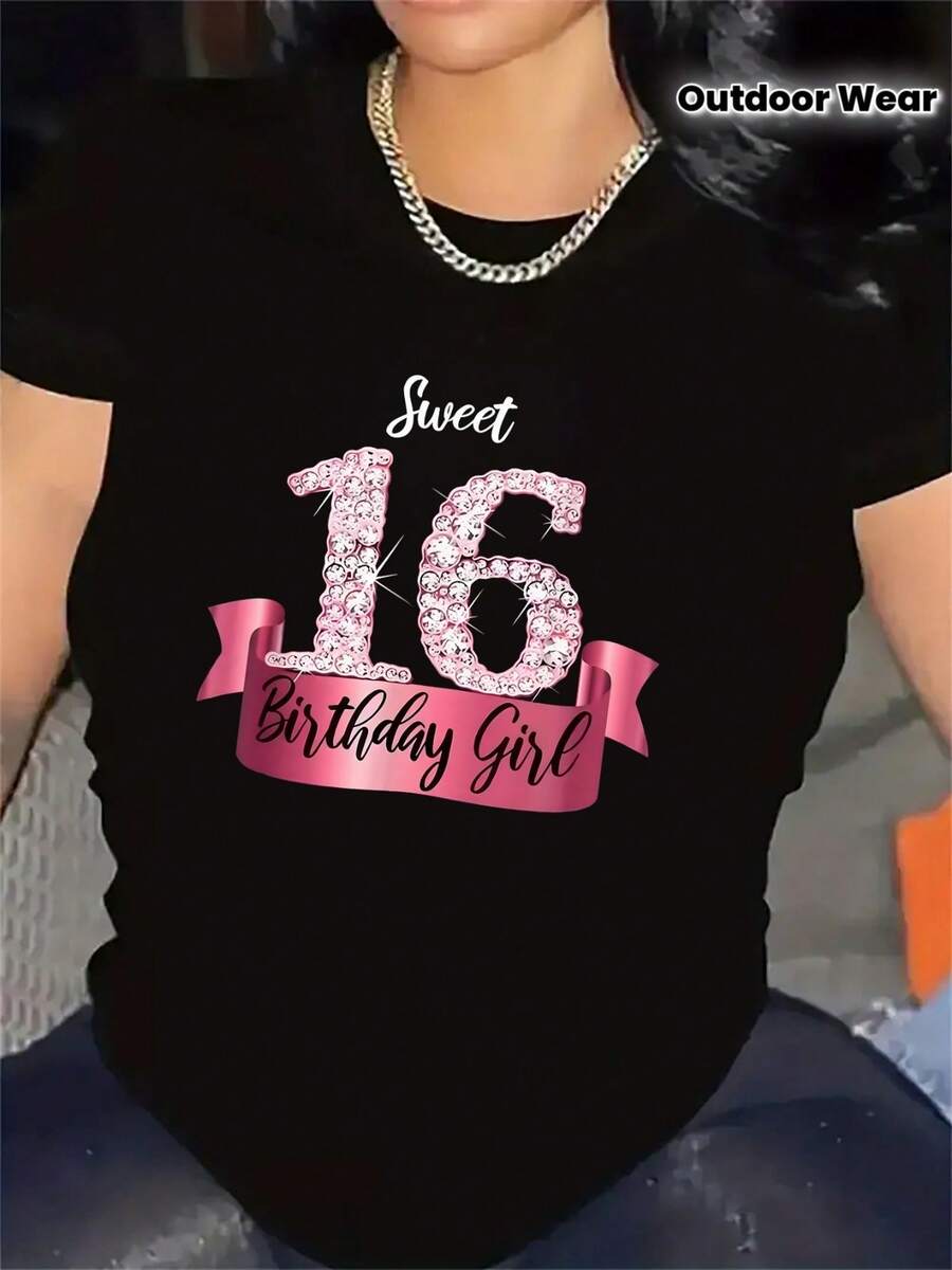 Camiseta de cumpleaños con lentejuelas rosas ecológicas para mujer, exclusiva de manga corta para la celebración del 16º cumpleaños, top de cuello redondo de moda europea y americana para chicas de fiesta, regalo de cumpleaños primavera/verano 2026. - Negro - Ver 1