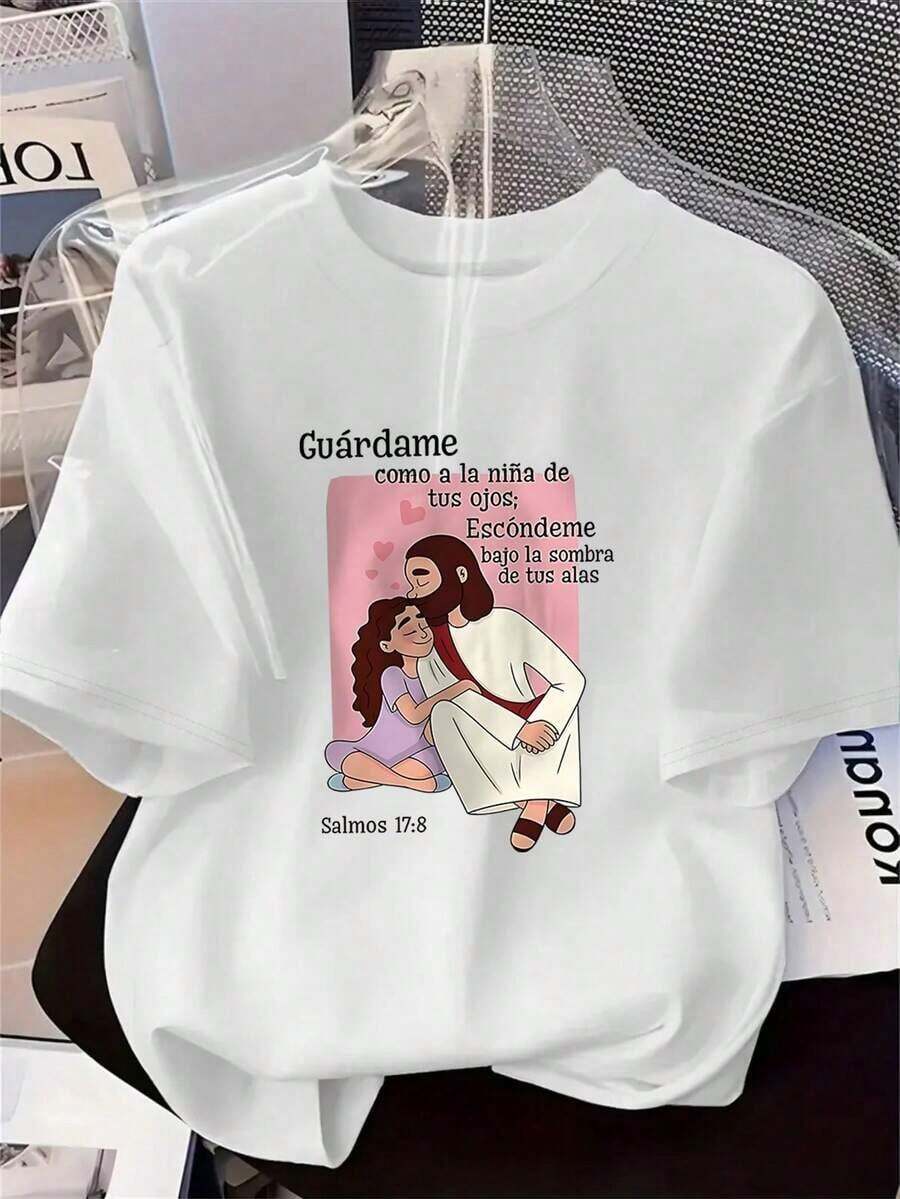 Camiseta de mujer de 1 pieza con estampado de Jesús abrazando, camiseta de manga corta para primavera/verano, el regalo perfecto para las fiestas, top casual cómodo y versátil con elementos de feCamiseta Algodón - Blanco - Ver 1