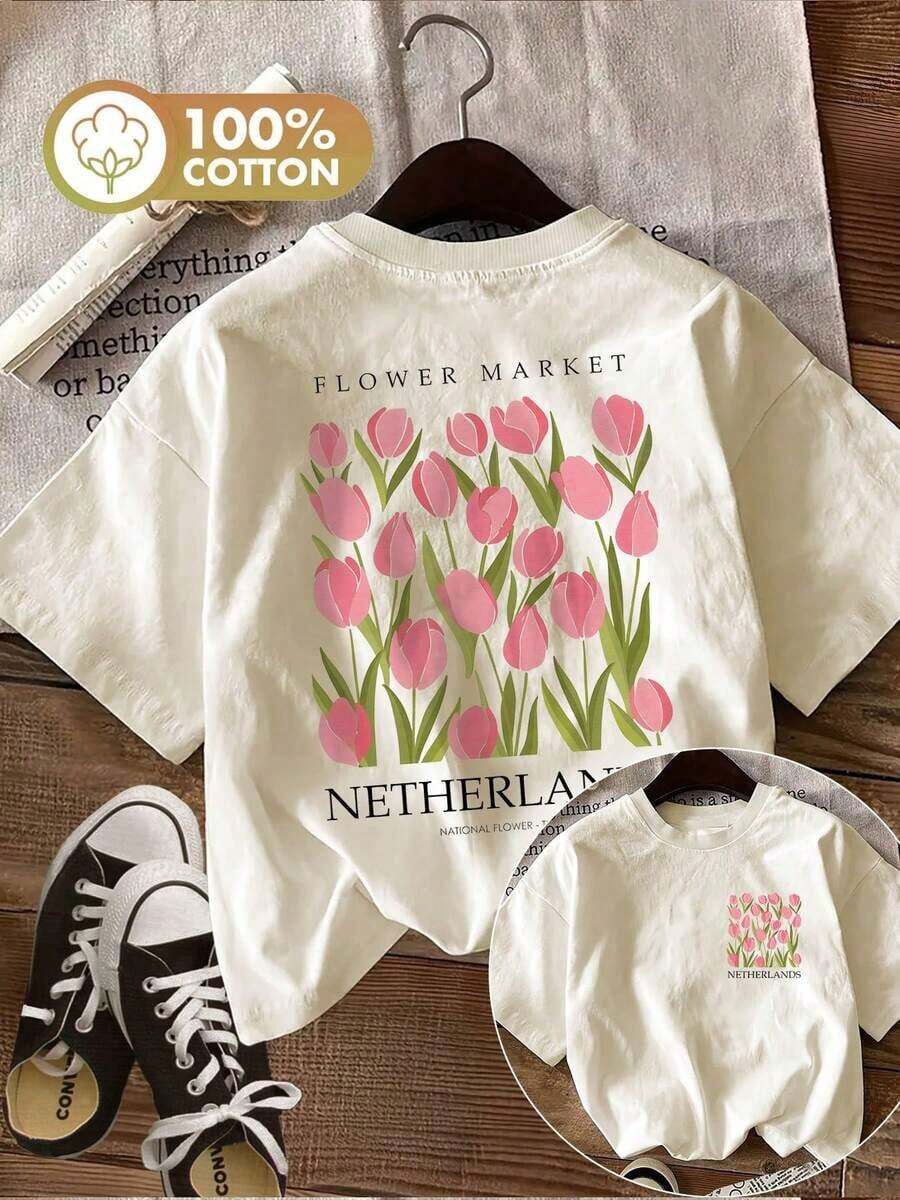 Women's Casual Summer Short Sleeve T-Shirt, Simple Style, Tulip, Green Leaves, FLOWER MARKET NETHERLANDS Print, Round Neck, Pure Cotton Short Sleeve T-Shirt [Ling K]2026 - 杏色 - 查看 1