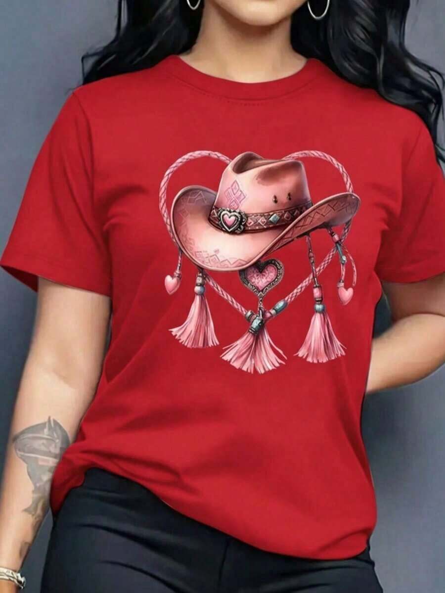1 Piece Casual Fashion For Men And Women Graphic T-Shirt Ladies Women Short Sleeve Round Neck Casual Comfortable Fresh Light Modern Youth Regular Cut Prints Hat Denim Denim Denim Heart Bow Rope Boho Bohemian Style, Versatile, Easy To Match, Suitable For Daily Wear, Urban Style, Holiday Outfits, Weekend Outfits. - 紅色 - 查看 1