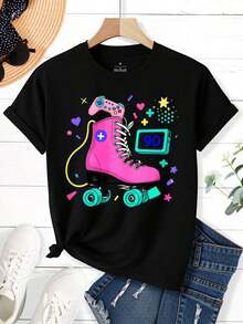 Women's Clothing: Retro 90s Graphic Tee Featuring Roller Skates, A Video Game Controller, And Neon Colors. Suitable For Both Men And Women, It's Perfect For Christmas Parties, Sports Activities, Nights Out, And Other Holiday Gifts. Women's Shirts - 黑色 - 查看 2
