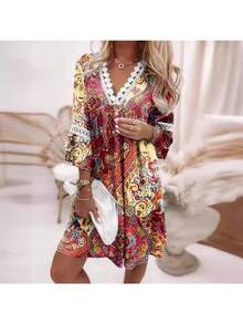 Vestido de mujer colorido con estampado boho, escote en V con volantes, mangas largas elásticas, corte holgado cómodo ideal para primavera y verano, estilo hippie casual perfecto para fiestas, vacaciones en la playa y eventos al aire libre - Burdeos - Ver 2