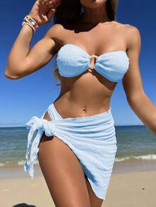 Nuevo bikini de tres piezas sin tirantes con tela texturizada. - coral - Ver 9