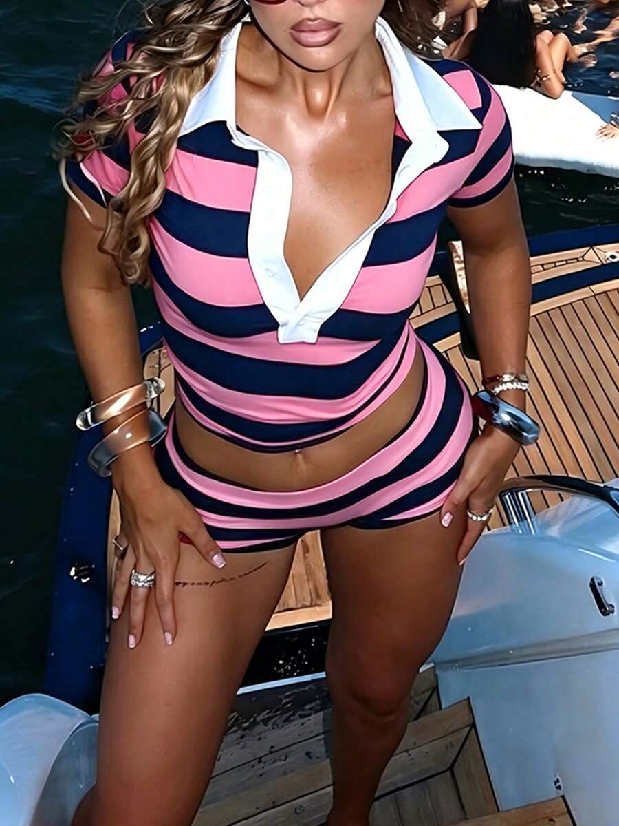 DOUCIU Striped Colorblock Polo Collar Short Sleeve T-Shirt + Shorts 2-Piece Set, Casual Street Style - Pink - View 1