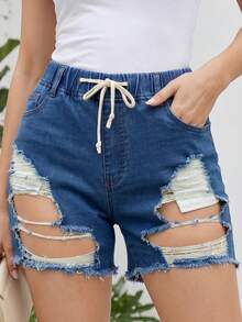 Shorts vaqueros para mujer de talle medio y elasticidad media, corte ajustado con recortes desgastados y cordón - Azul lavado oscuro - Ver 2