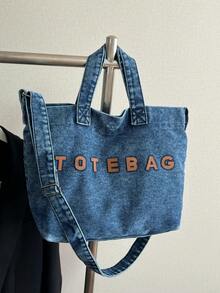 New Casual Chic Washed Jeans Tote Bag: Fashionable Letter-Embellished Handbag-Versatile, Spacious Shoulder Bag Perfect For Work, Commuting, Shopping - Blue - View 4
