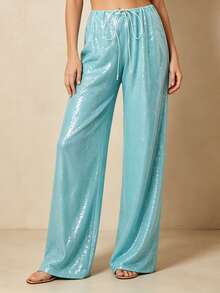 Women's Sparkle Sequin Pants Lightweight Elastic Waist Wide Leg Loose Pants Trousers - Verde - Ver 2