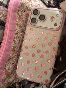 Casing Ponsel Motif Polkadot Pink dan Stroberi dengan Foil Emas, Kompatibel dengan iPhone 17 Pro Max, 17 Pro Model Baru, 16 Pro, 15 Pro, 14 Pro Max, Pelindung Anti-Jatuh Niche - Putih - View 3