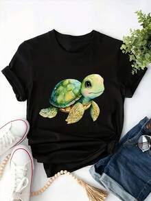 Camiseta de talla grande con estampado de tortuga de dibujos animados, top casual de manga corta y cuello redondo para primavera y verano, ropa de talla grande para mujer. - Negro - Ver 5